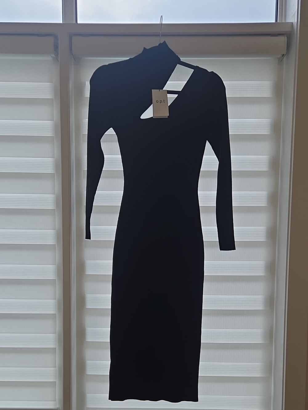 o.p.t. Long Sleeve Black Midi Dress with Asymmetrical Cutout